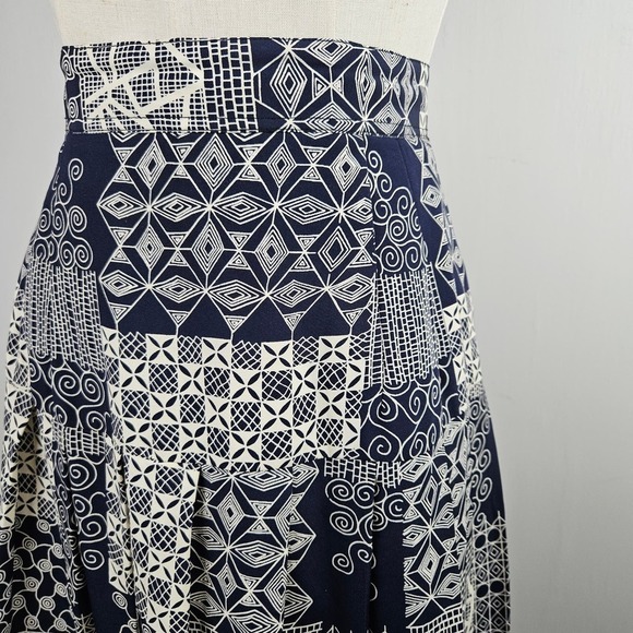 Handmade Medallion Print Patchwork A-Line Midi Skirt L? Ivory‎ Navy - Picture 2 of 9